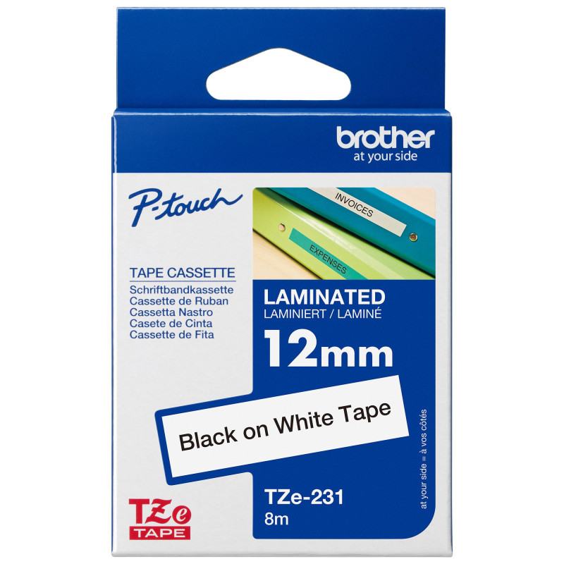 Brother TZE-231 12mm x 8m  Black On white Laminated Tape