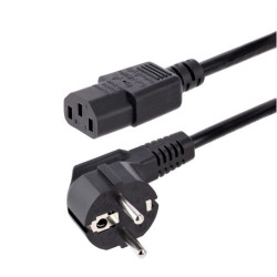 1.83 m black mains power cord featuring a space-saving 90° Euro mains plug and IEC 60320 C13 connector.