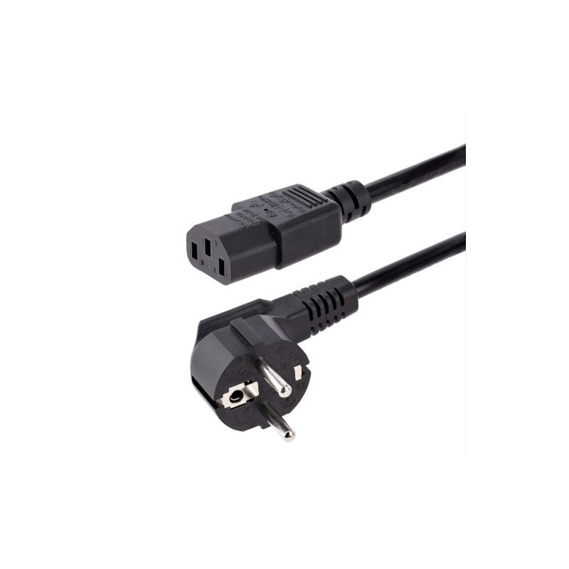 1.83 m black mains power cord featuring a space-saving 90° Euro mains plug and IEC 60320 C13 connector.