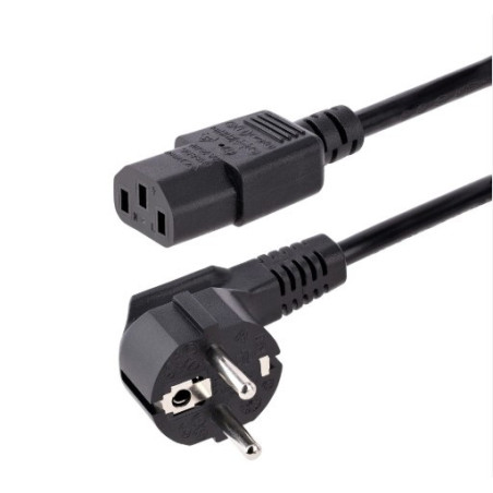 1.83 m black mains power cord featuring a space-saving 90° Euro mains plug and IEC 60320 C13 connector.